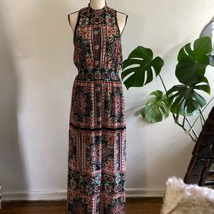 Boho multicolor sleeveless mock neck shirred waist maxi size xl